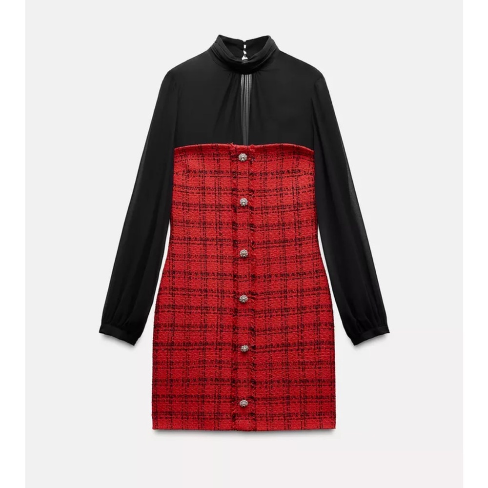 Zara Black Long-Sleeve Tie-Neck Mini Dress with Red Tweed Skirt